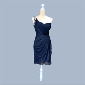 Xscape one shoulder cocktail dress size 8 navy blue